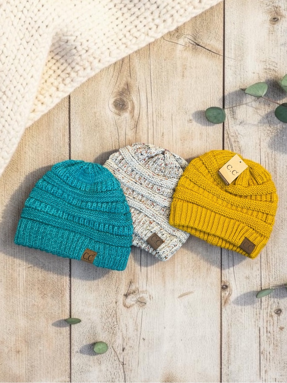 C.C  Teal, Cream & Mustard Knit Beanie Trio   FIRM PRICE